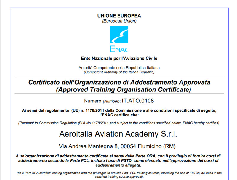 Aeroitalia Aviation Academy diventa Approved Training Organization